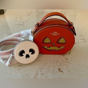 NWT Coach Leather Pumpkin Canteen Crossbody Bag & Ghost/Skull Coin Purse